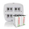 Four Tenergy Centura 9V batteries sit beside a 9V charger designed for high-drain electronic devices.