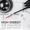 Tenergy Premium 9V battery powering high-tech smart devices like smoke detectors and security cameras.
