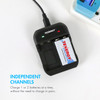 Compact USB charger with independent channels to charge 1 or 2 high capacity batteries for smart home devices.