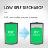 High capacity batteries featuring low self discharge technology to retain power during long term storage.