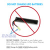 Warning graphic highlighting improper charging methods for airsoft power sources and stating not to charge LiPO battery packs. 