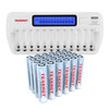 Tenergy TN160 12-slot smart charger fully loaded with blue NiMH batteries for users requiring bulk power solutions.
