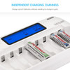 Smart battery charger featuring independent charging channels to power up to eight AA or AAA units individually.