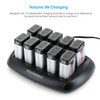 Volume 9V charging station with ten independent channels for managing high-capacity battery needs.