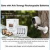 Arlo Tenergy rechargeable batteries and charger kit displayed for outdoor security camera setups.