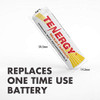 Standard AA sized rechargeable battery measures 50.5mm by 14.5mm to replace one-time use alkaline batteries in various gadgets.