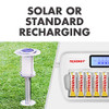 Versatile rechargeable batteries support solar or standard charging methods for flexible energy management in home lighting systems.