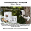 Arlo RCR123A batteries and charger kit shown with a compatible outdoor smart home security camera.