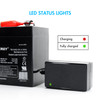 Dual LED status lights provide clear visual indicators for charging and full battery status on this portable power unit.