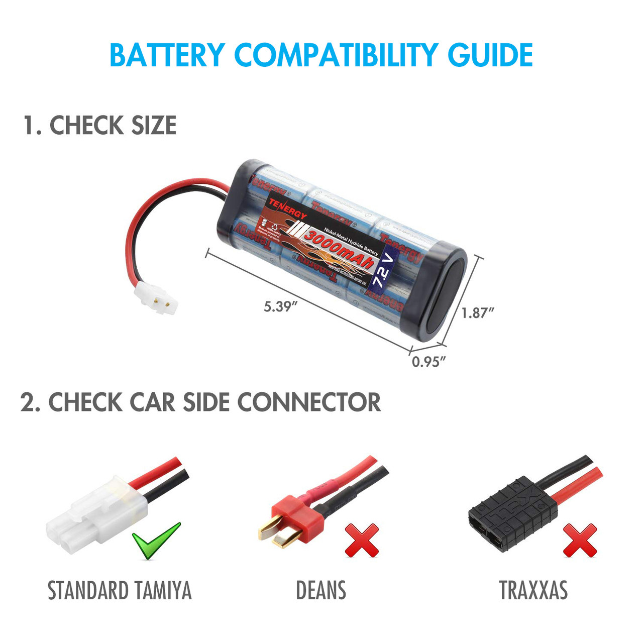 Combo: Tenergy NiMH 7.2V 3000mAh Battery Pack 2-pack Tamiya Connector, for RC Cars