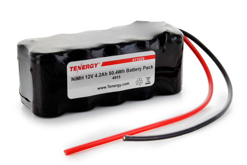 Tenergy 12V 4200mAh NiMH Battery Pack, 10S1P, 50.4Wh, 30A Rate. Custom NTC, PTC, connectors, or configs available.
