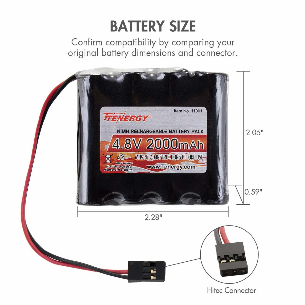 Tenergy 4.8V NiMH battery pack showing dimensions and a Hitec connector for RC receiver power compatibility.