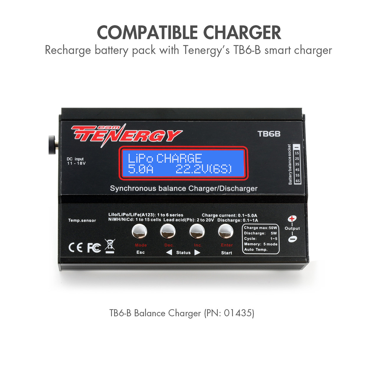 Tenergy TB6-B smart charger display screen demonstrating universal compatibility for various Nickel-Metal Hydride battery types.