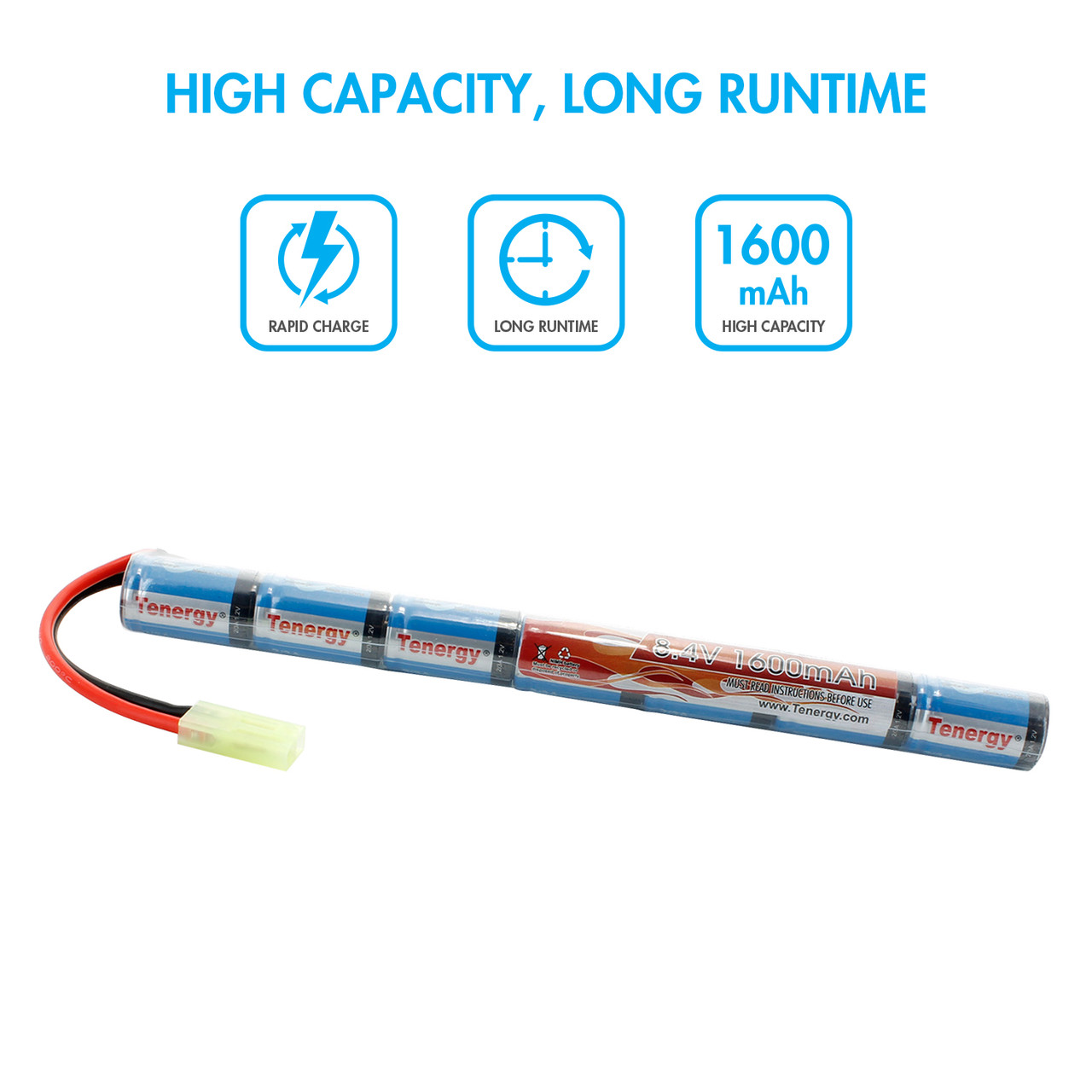 High capacity 1600mAh NiMH stick battery providing long runtime for airsoft players.