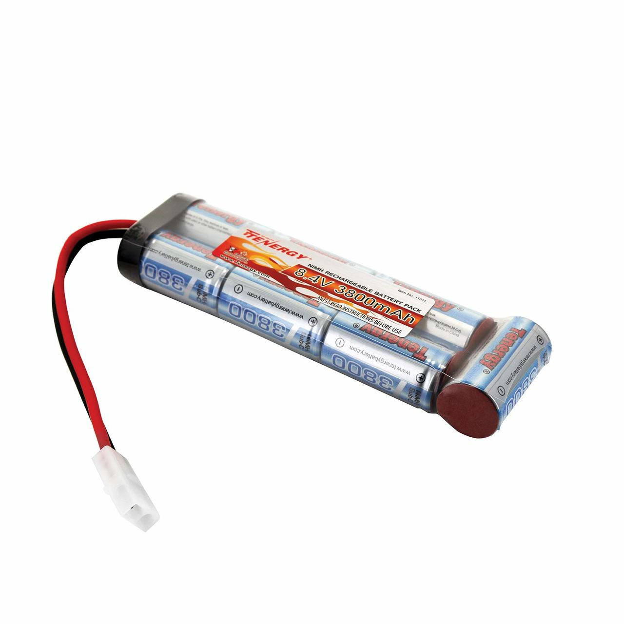 Tenergy 8.4V NiMH rechargeable battery pack designed for airsoft rifles and remote control vehicles requiring reliable power.