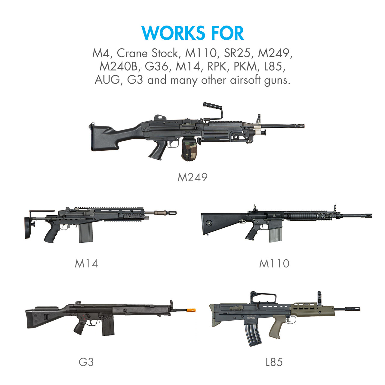 Airsoft battery compatibility chart listing M4 crane stock and M249 models for specialized tactical gear setups.