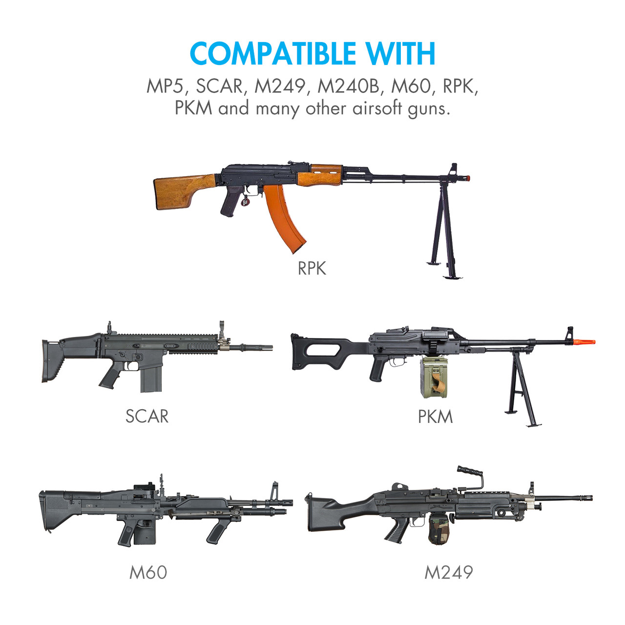 Tenergy airsoft battery compatible with RPK, SCAR, and PKM AEG models for hobbyists.