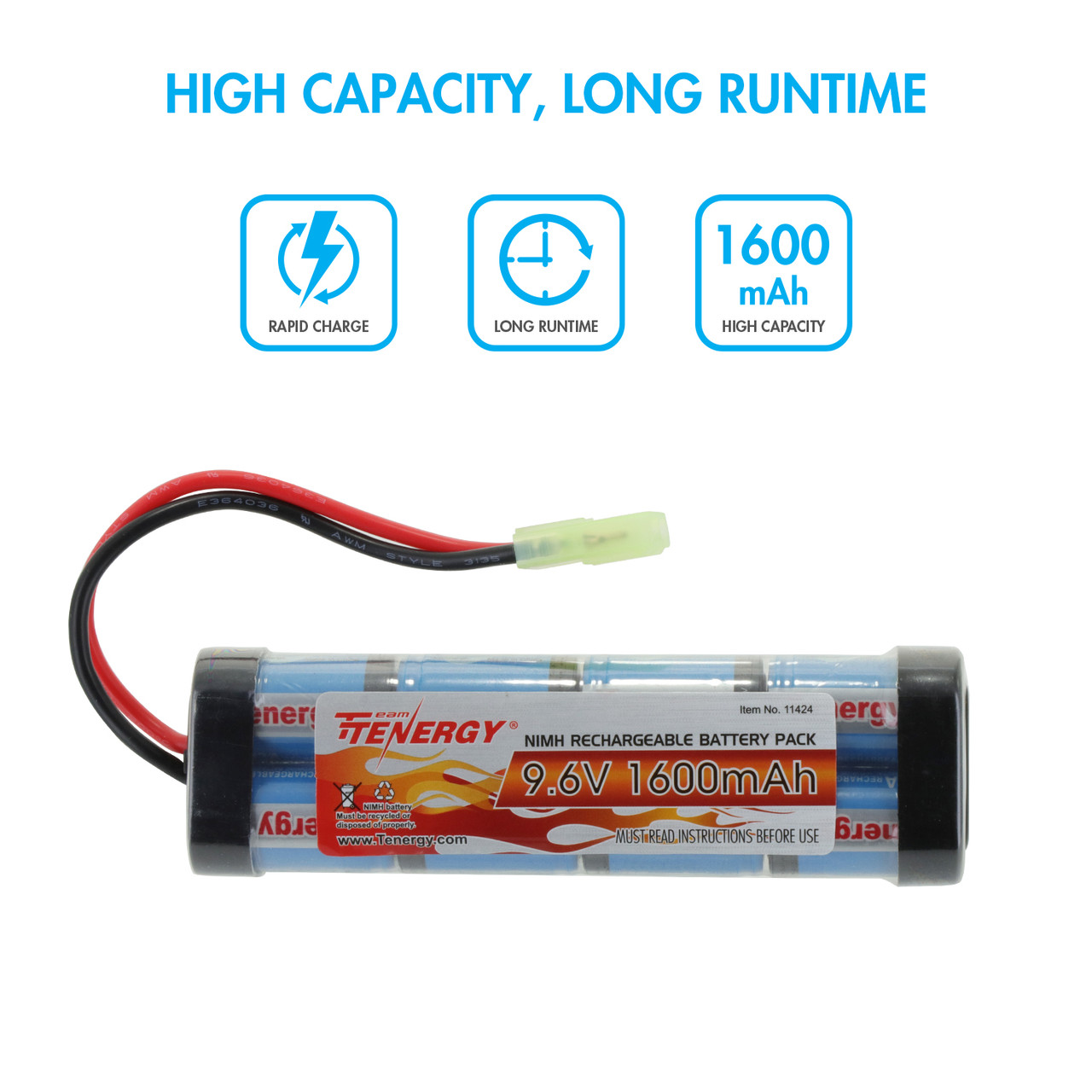 Tenergy Airsoft NiMH 9.6V 1600mAh Flat  Battery Pack w/ Mini Tamiya