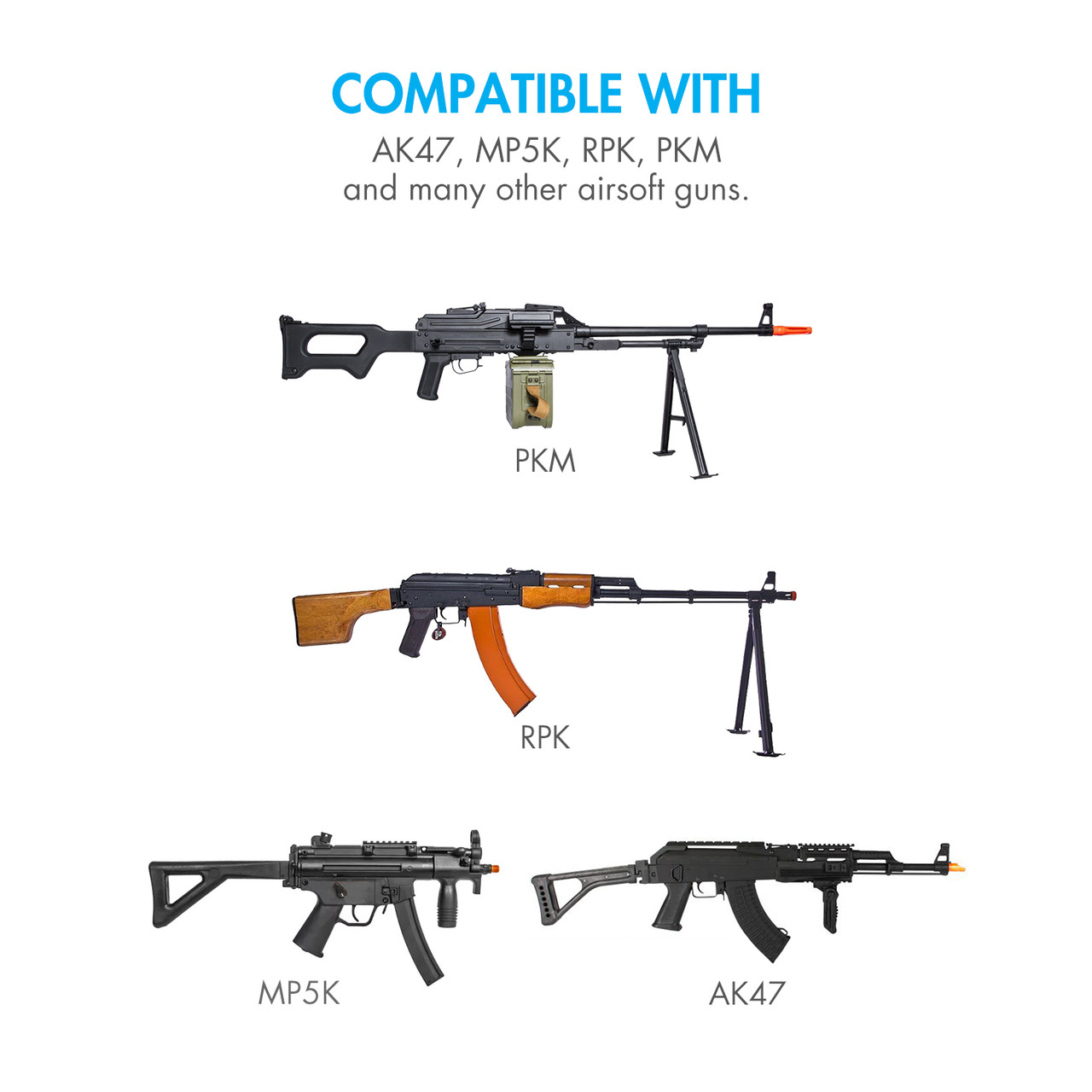 Compatible airsoft guns including AK47 and MP5K models designed for high-performance rechargeable battery use.