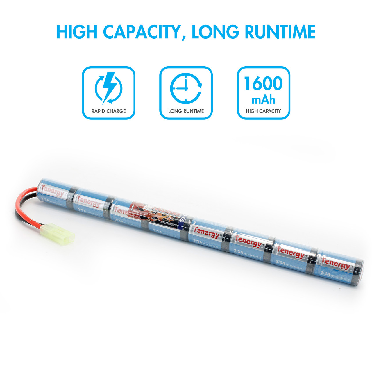 High capacity NiMH battery pack offering rapid charge capabilities for extended runtime during airsoft matches.