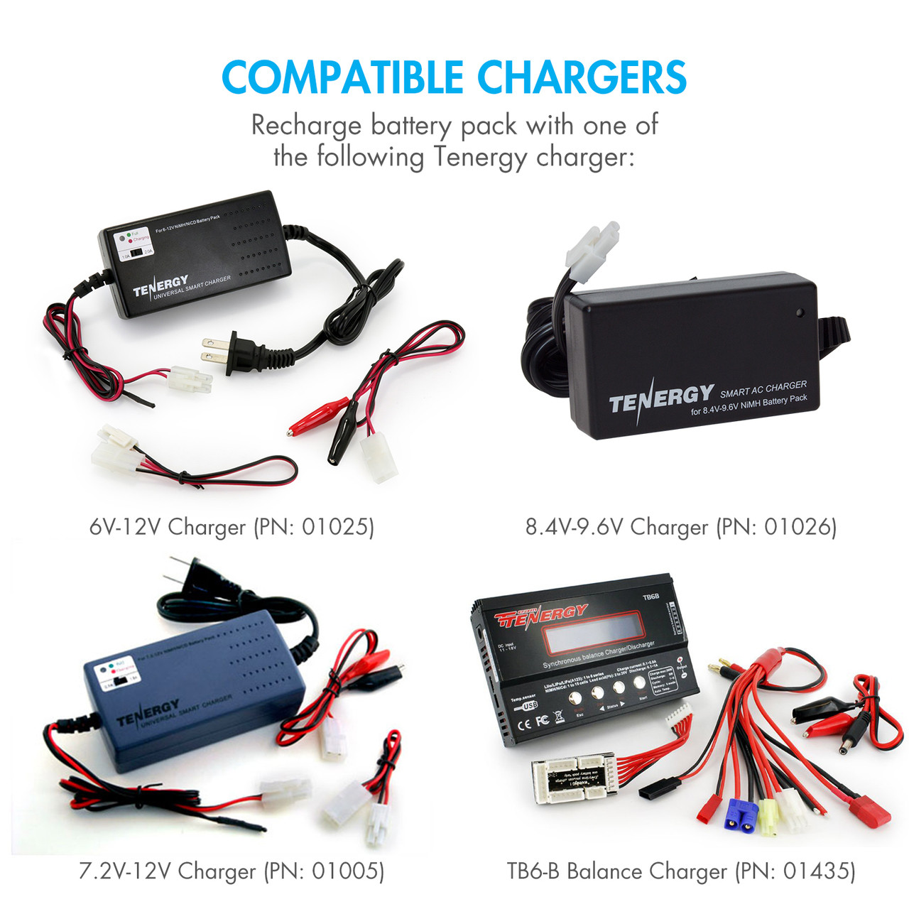 Tenergy smart chargers featuring various voltage outputs for efficiently powering hobbyist NiMH battery packs.