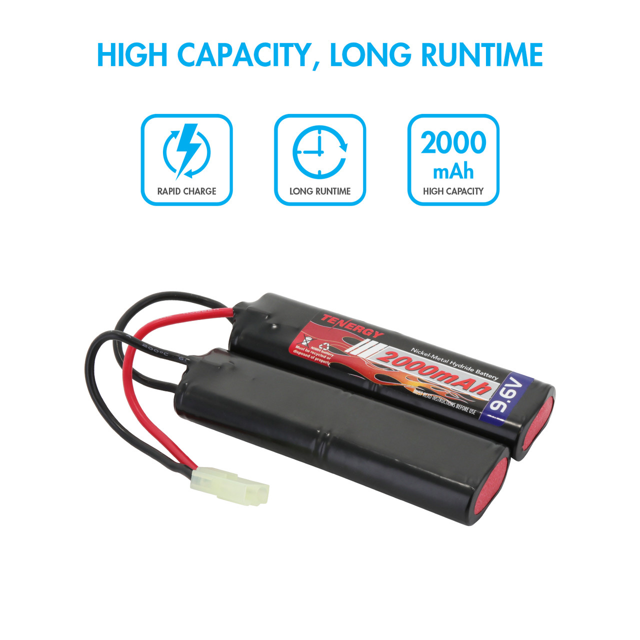 High capacity 2000mAh NiMH battery with rapid charge capabilities for extended airsoft runtime.