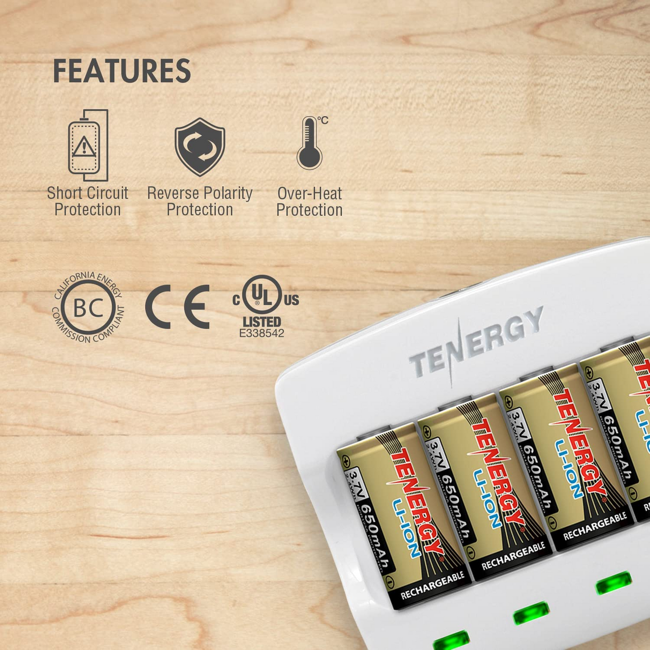 Tenergy smart charger features reverse polarity protection while charging four RCR123A batteries simultaneously.