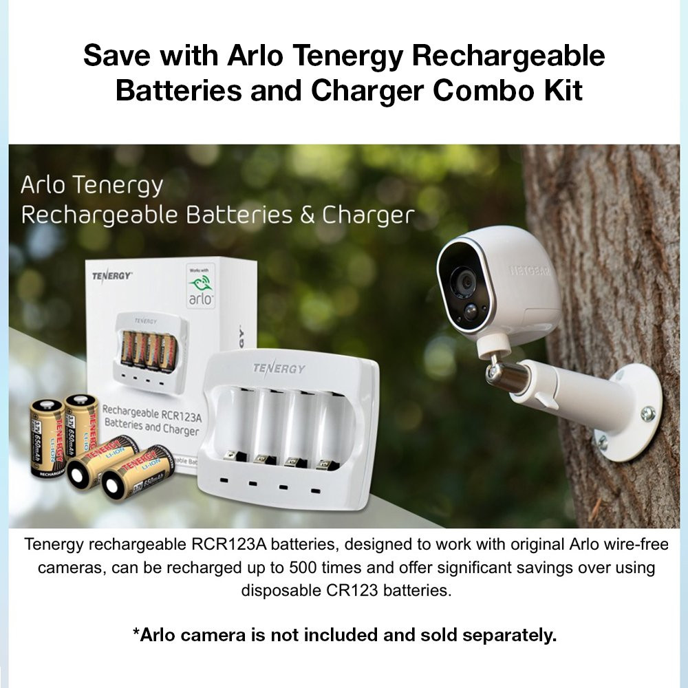 Arlo Tenergy rechargeable kit powers an outdoor security camera to provide long-term energy savings.