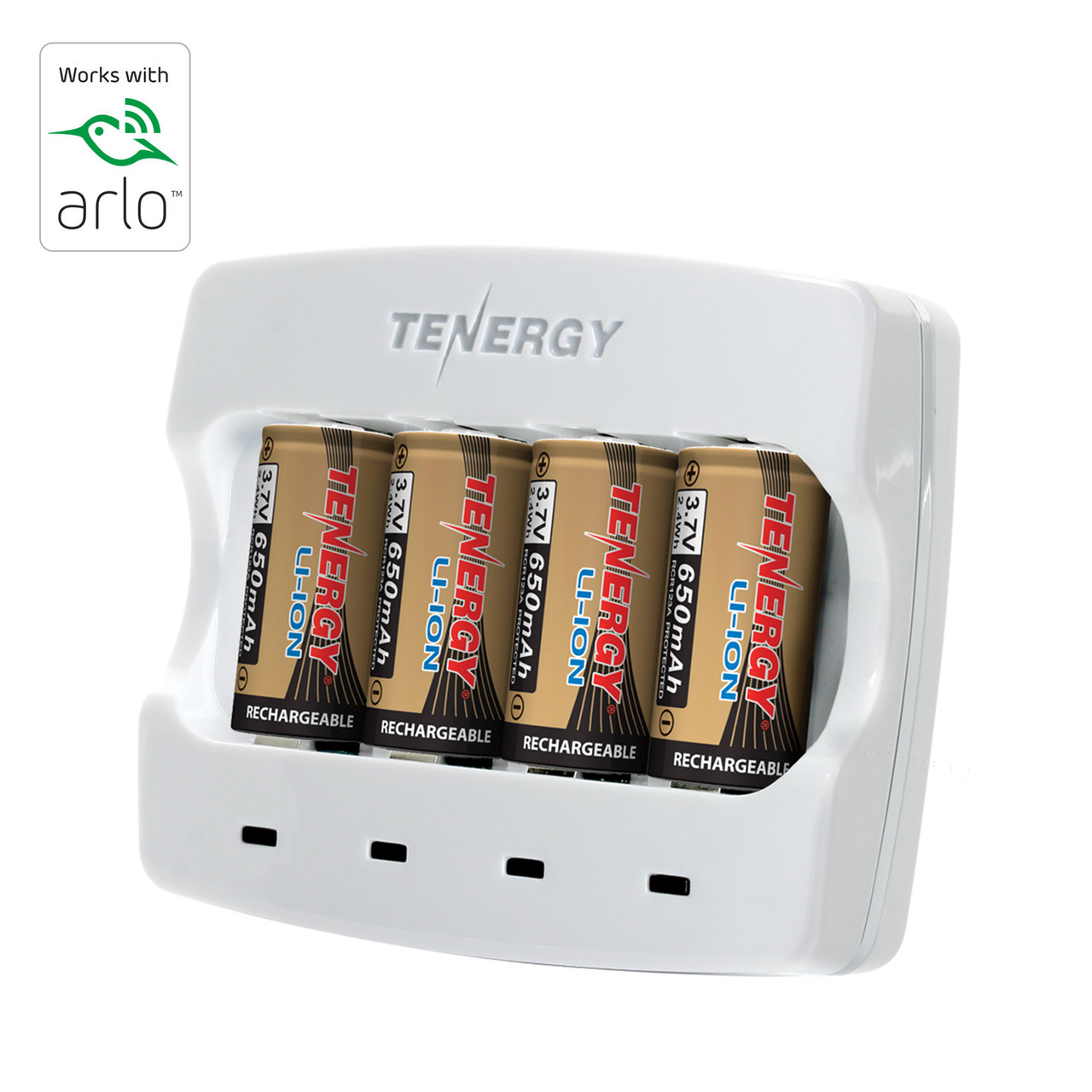 Four Tenergy RCR123A 650mAh batteries sit in a specialized charger designed for Arlo security systems.
