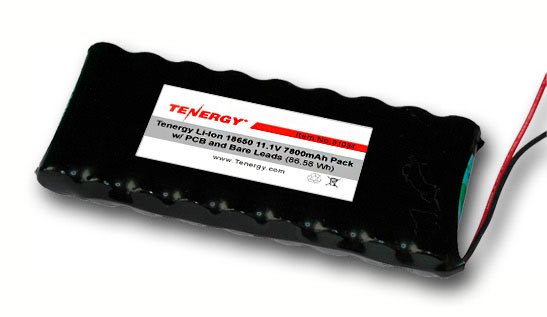 Tenergy Li-ion 18650 11.1V 7800mAh Battery Pack with PCB, 3S3P, 86.58Wh. Custom NTC, PTC, connectors, or configs available.