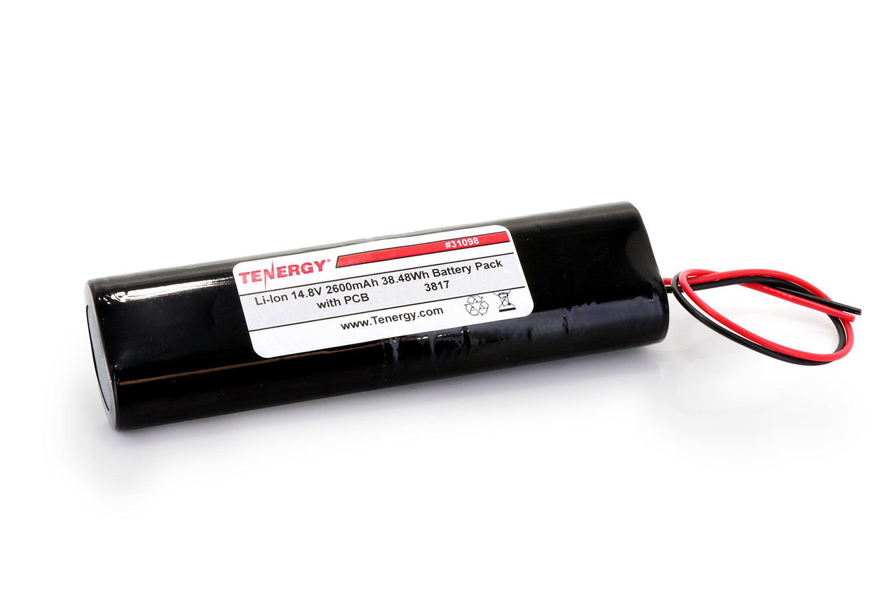 Tenergy Li-ion 18650 14.8V 2600mAh Battery Pack with PCB, 4S1P, 38.48Wh. Custom NTC, PTC, connectors, or configs available.