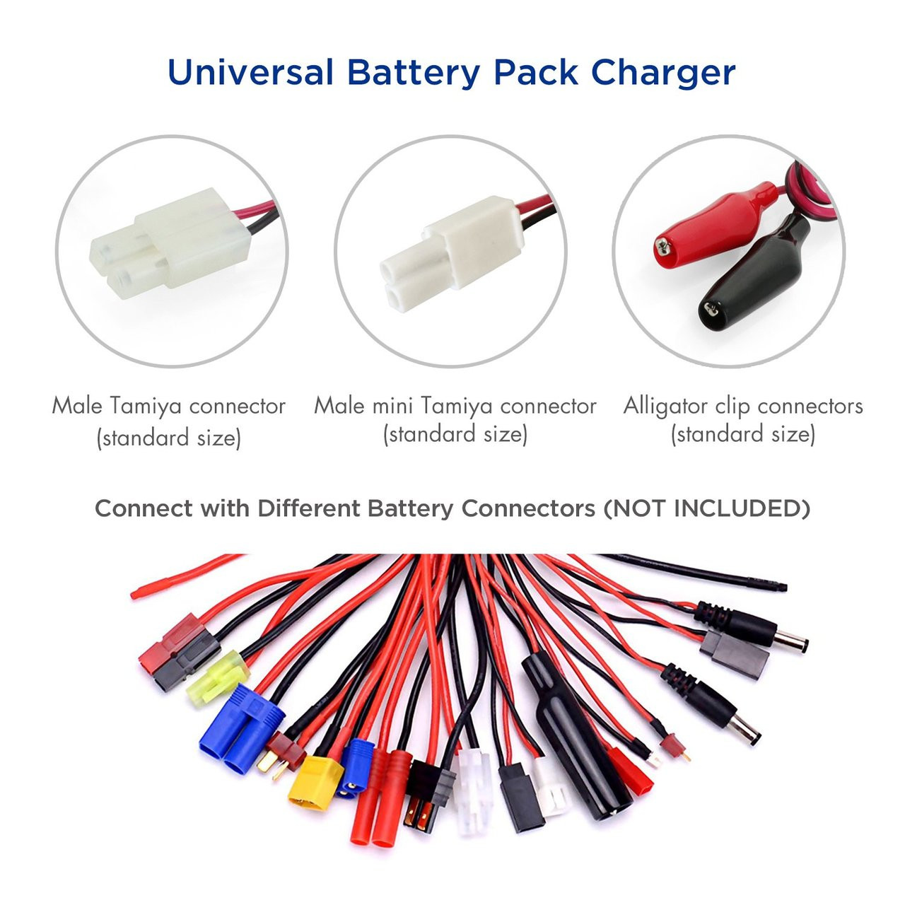 Universal battery pack charger with Tamiya and alligator clips for flexible hobby power.