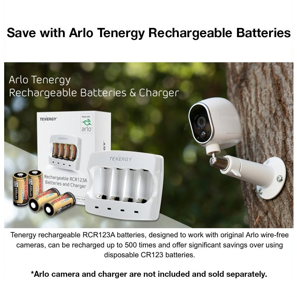 Tenergy rechargeable batteries and charger kit designed for original Arlo wire-free systems.