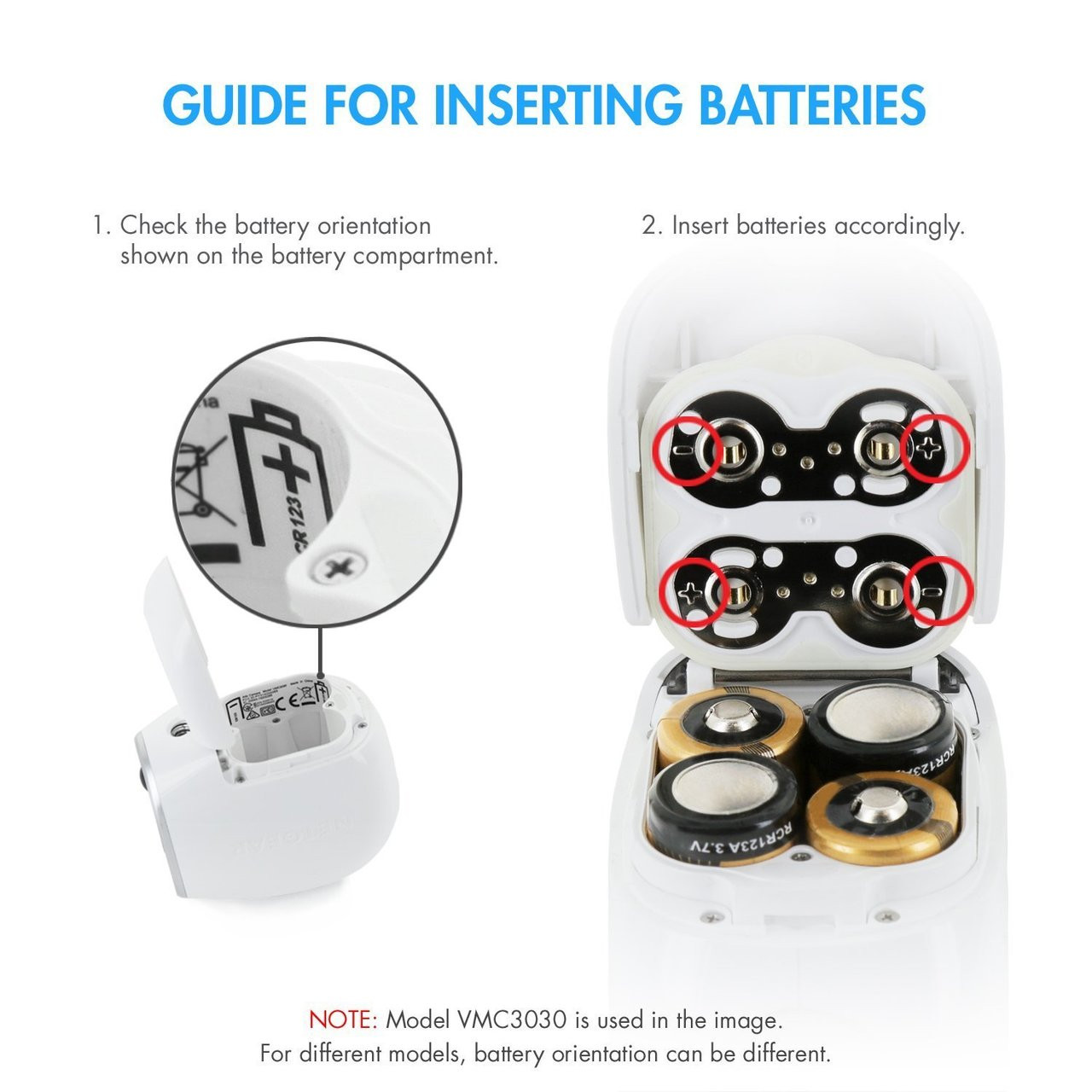 Arlo battery installation guide showing correct orientation for VMC3030 wireless security cameras.