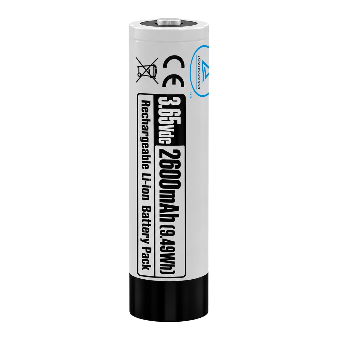 Tenergy 18650 3.65V 2600mAh 9.49Wh rechargeable lithium-ion battery specifications label