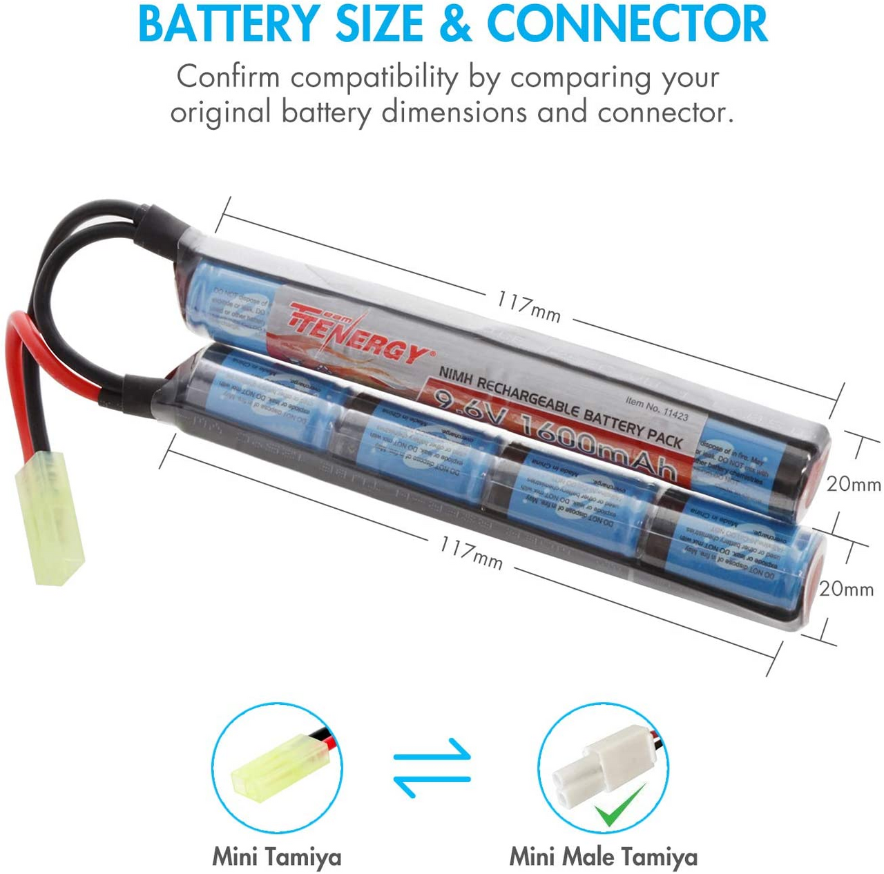 Tenergy NiMH battery pack with 117mm length measurements for airsoft gun compatibility and connector verification