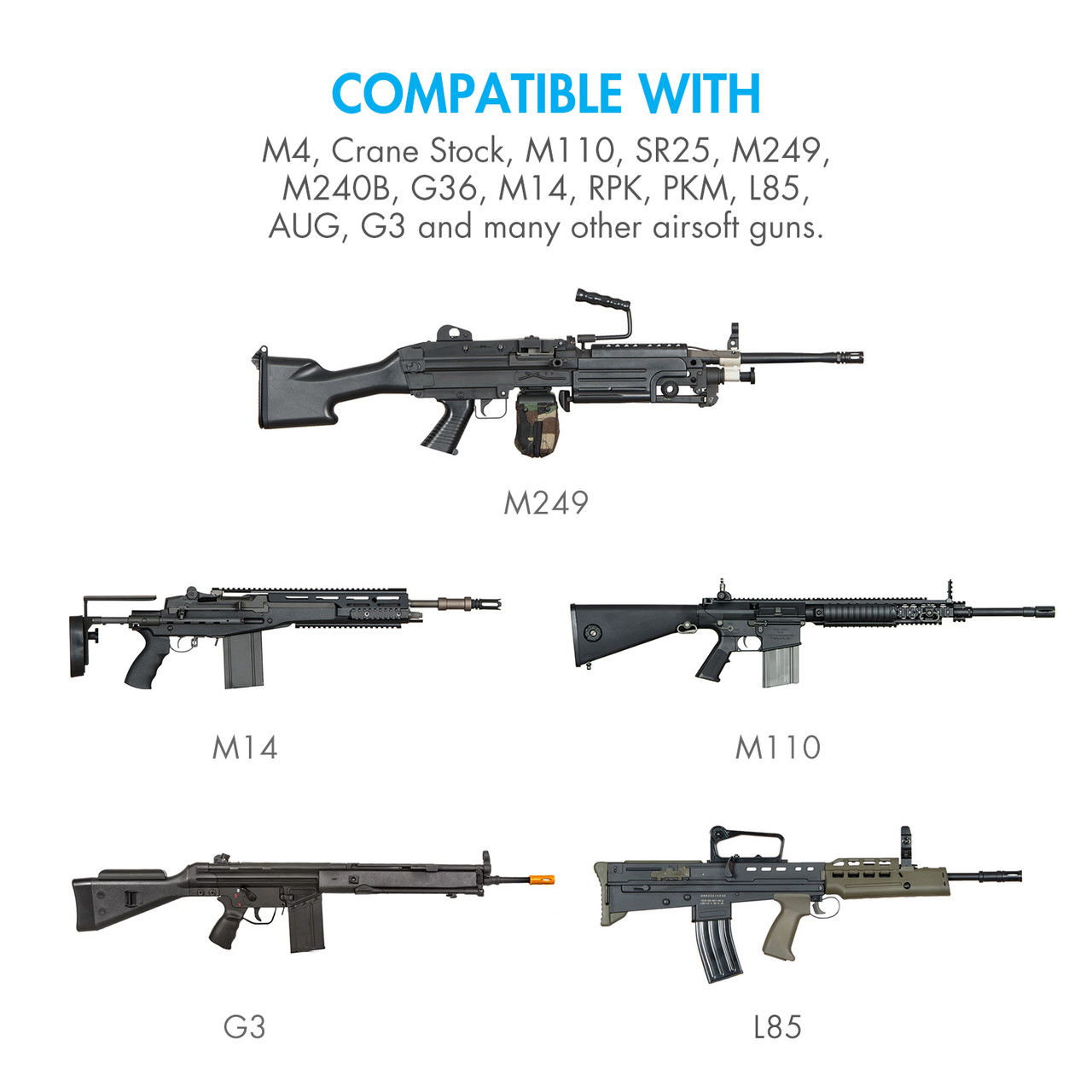 Airsoft rifle compatibility list showing various AEG models that use a 9.6V NiMH rechargeable battery pack.