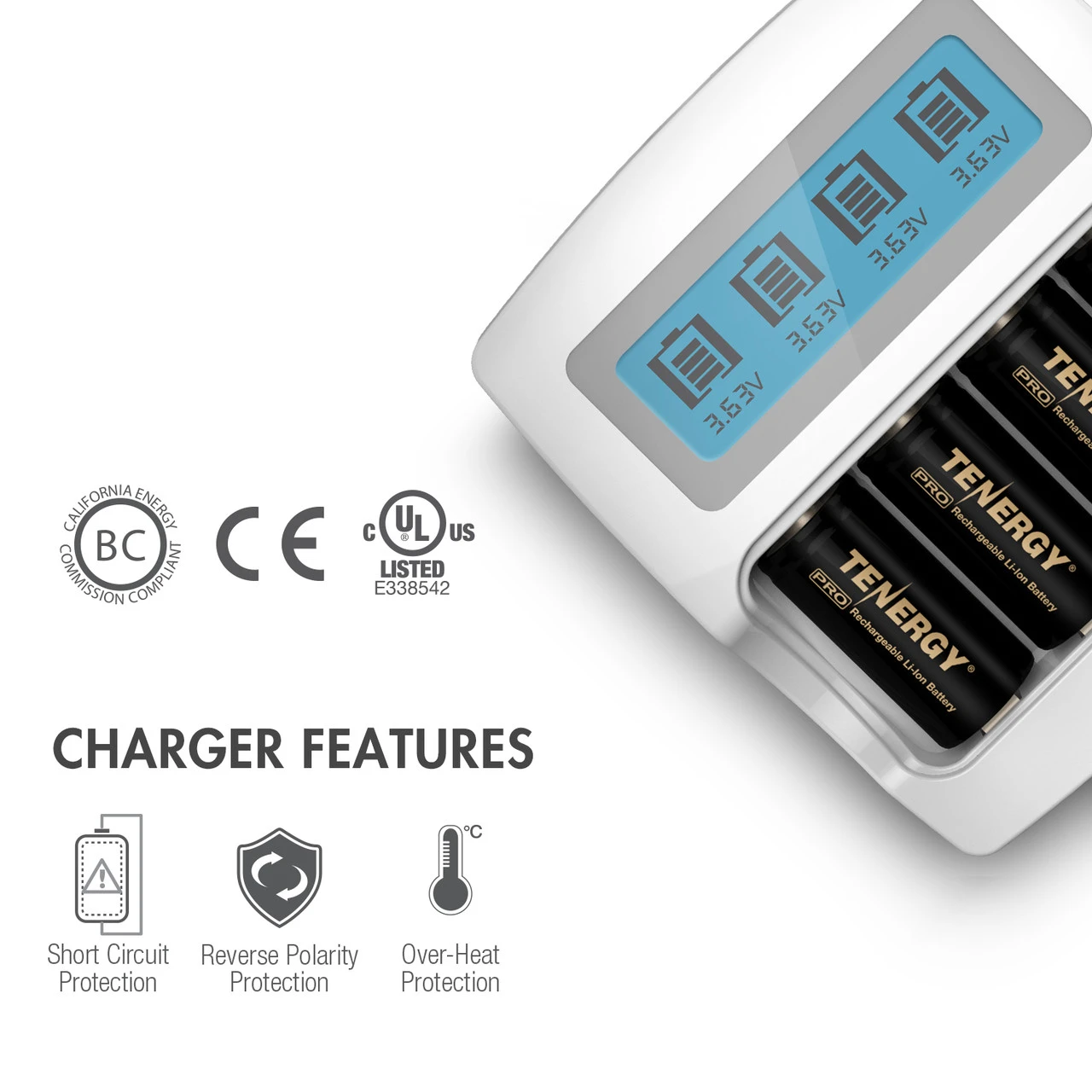 RCR123A battery charger with reverse polarity protection for users seeking reliable smart home power solutions.
