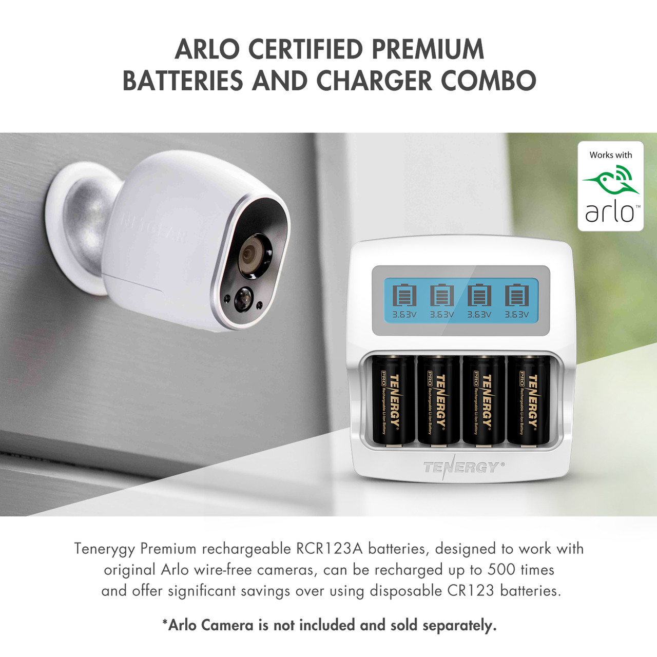 Arlo certified battery and charger combo for powering wire-free security systems.