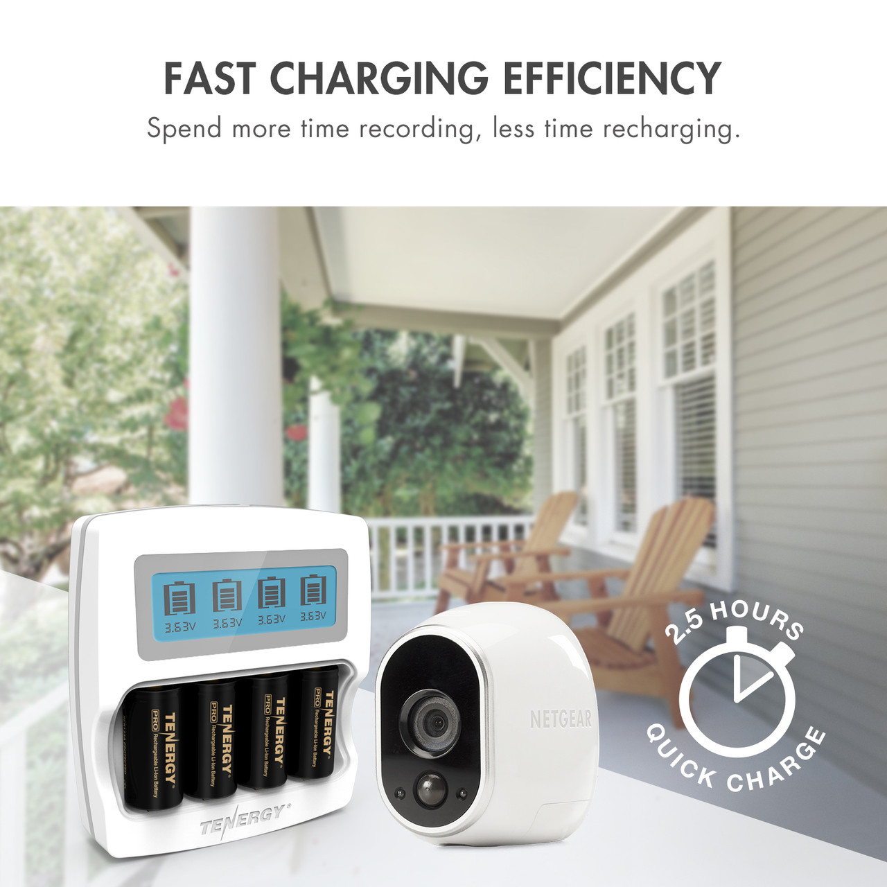 Fast charging battery charger with a 2.5 hour quick charge time for efficient Arlo camera power management.