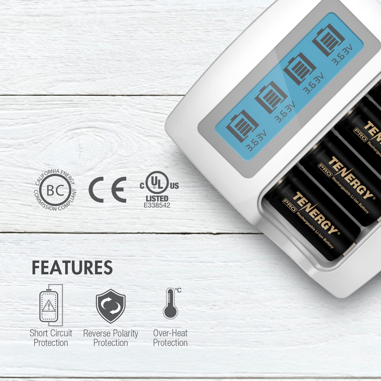 RCR123A battery charger with reverse polarity protection for users seeking reliable smart home power solutions.