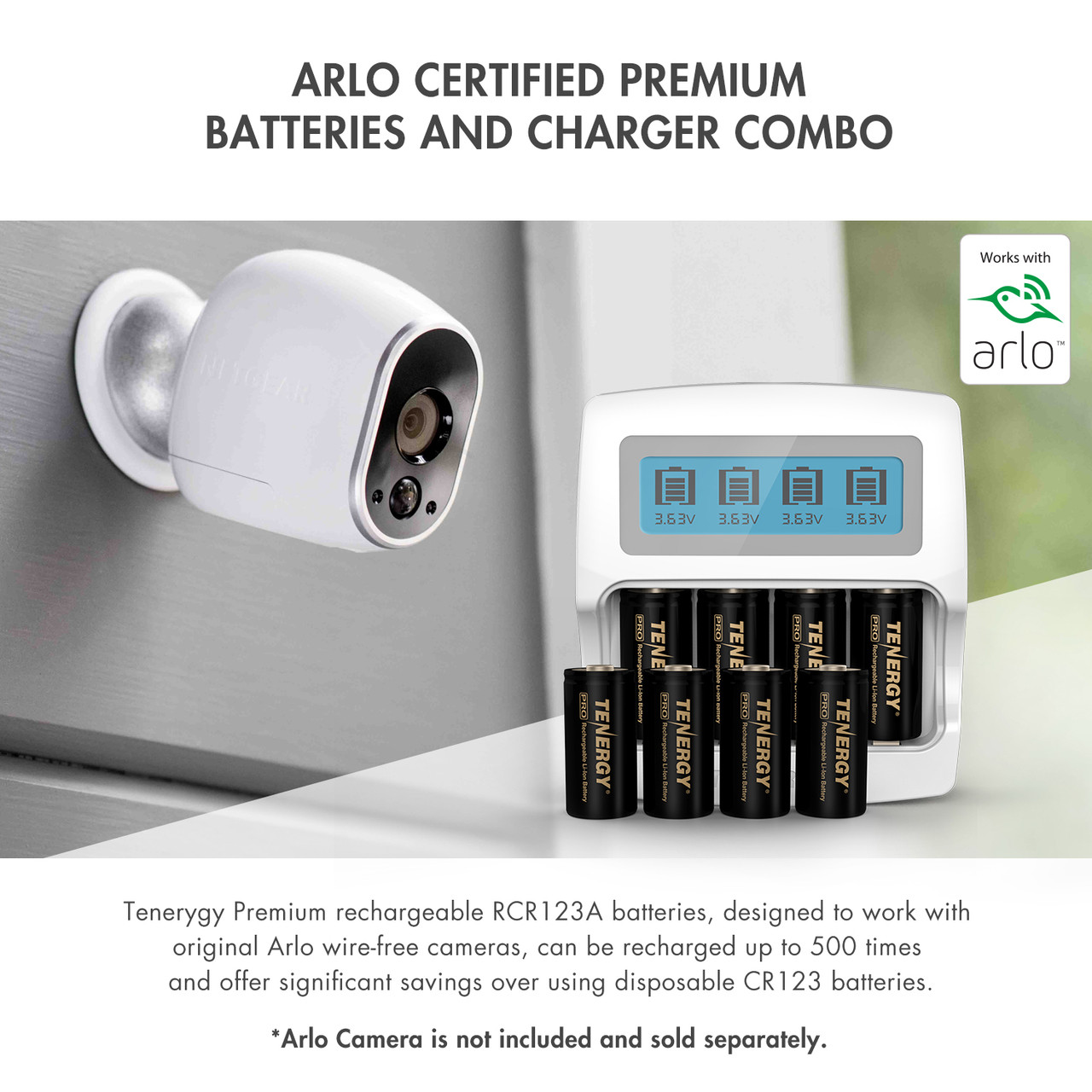 Arlo certified battery and charger combo for powering wire-free security systems.