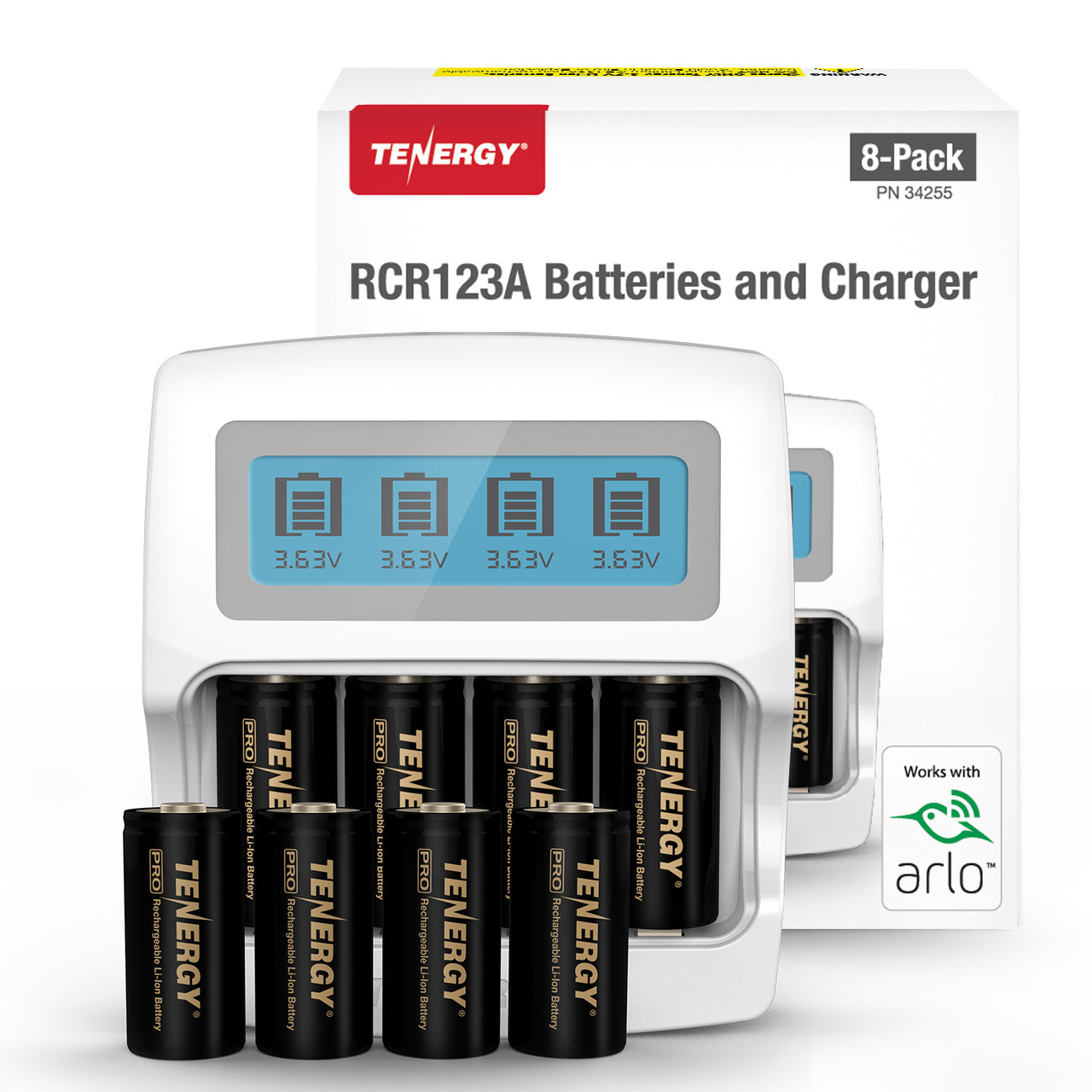 Tenergy RCR123A battery 4-pack and charger kit in retail packaging for home security.