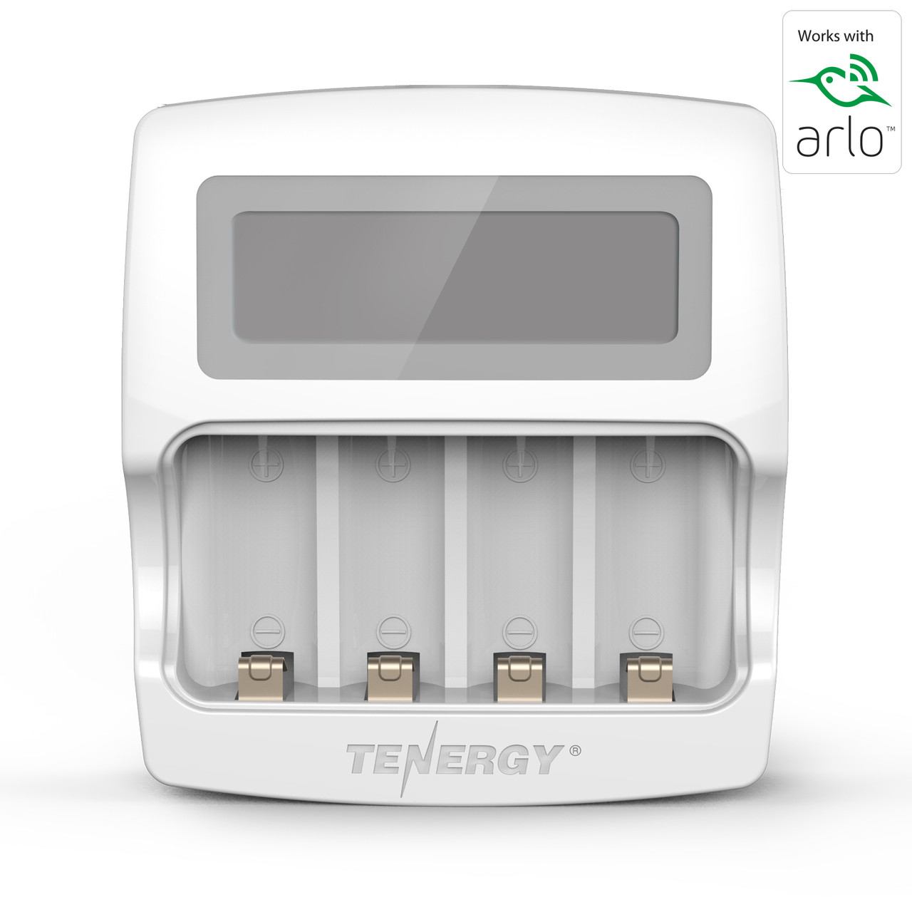 Tenergy RCR123A battery charger with four slots and Arlo logo for owners of wire-free security cameras.