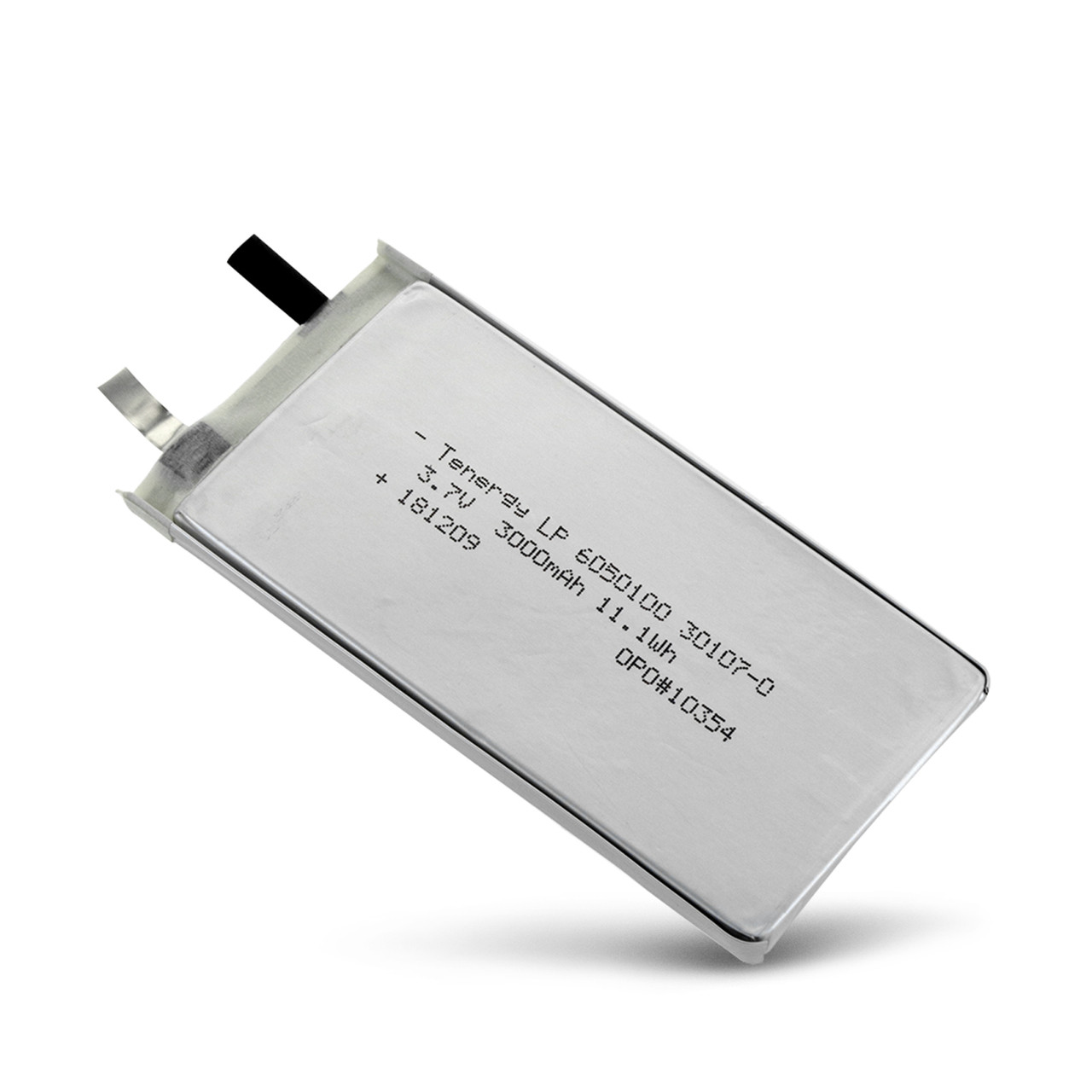 A Tenergy 3.7V 3000mAh lithium polymer battery cell with solder tabs for DIY electronics and custom power packs.