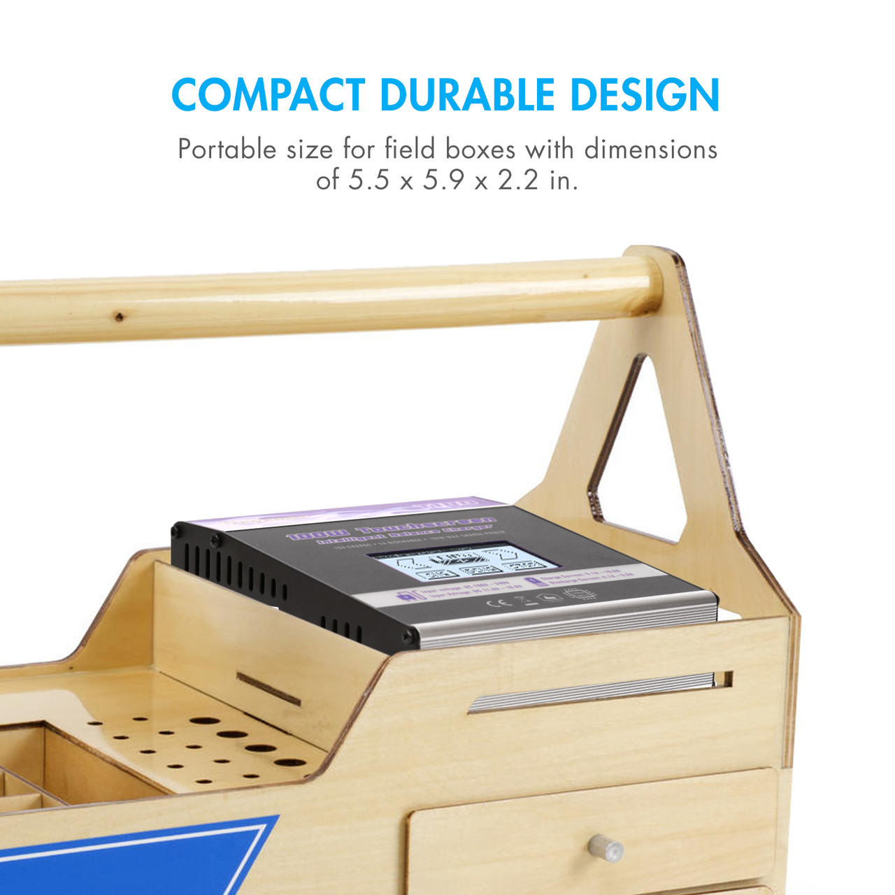 Compact 100W intelligent charger fits inside a wooden field box, perfect for portable RC battery management outdoors.