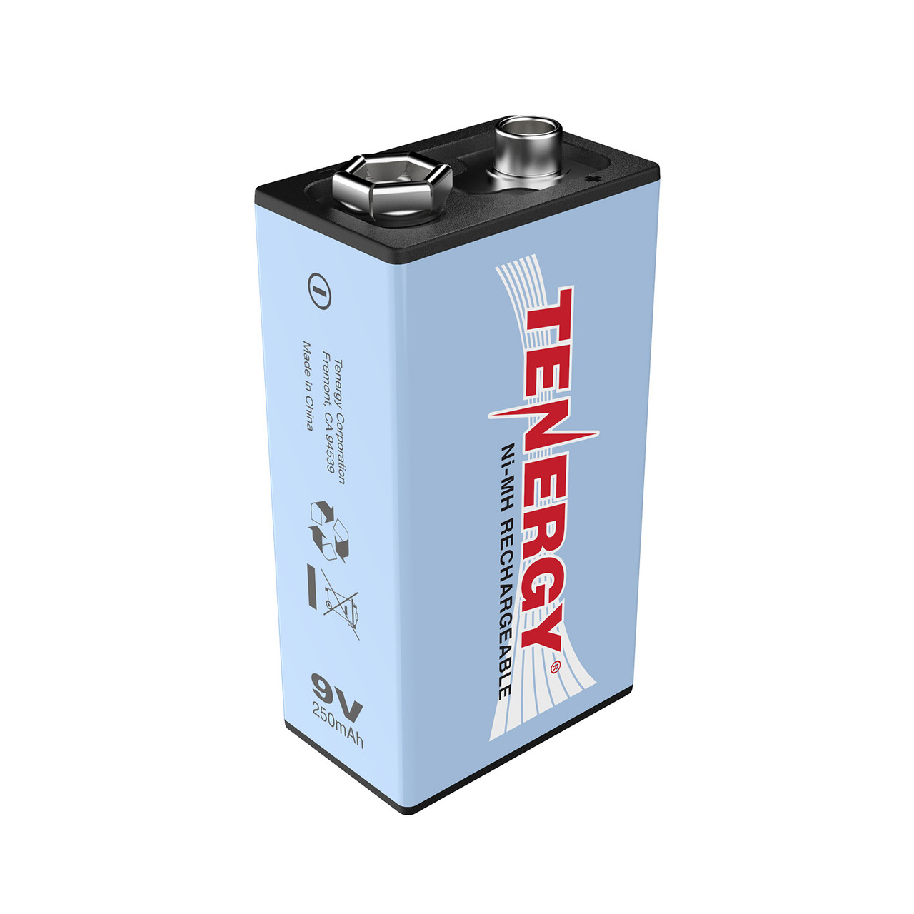 Tenergy 9V rechargeable NiMH battery featuring 250mAh capacity for high-drain electronic devices and household hobbyist gear.