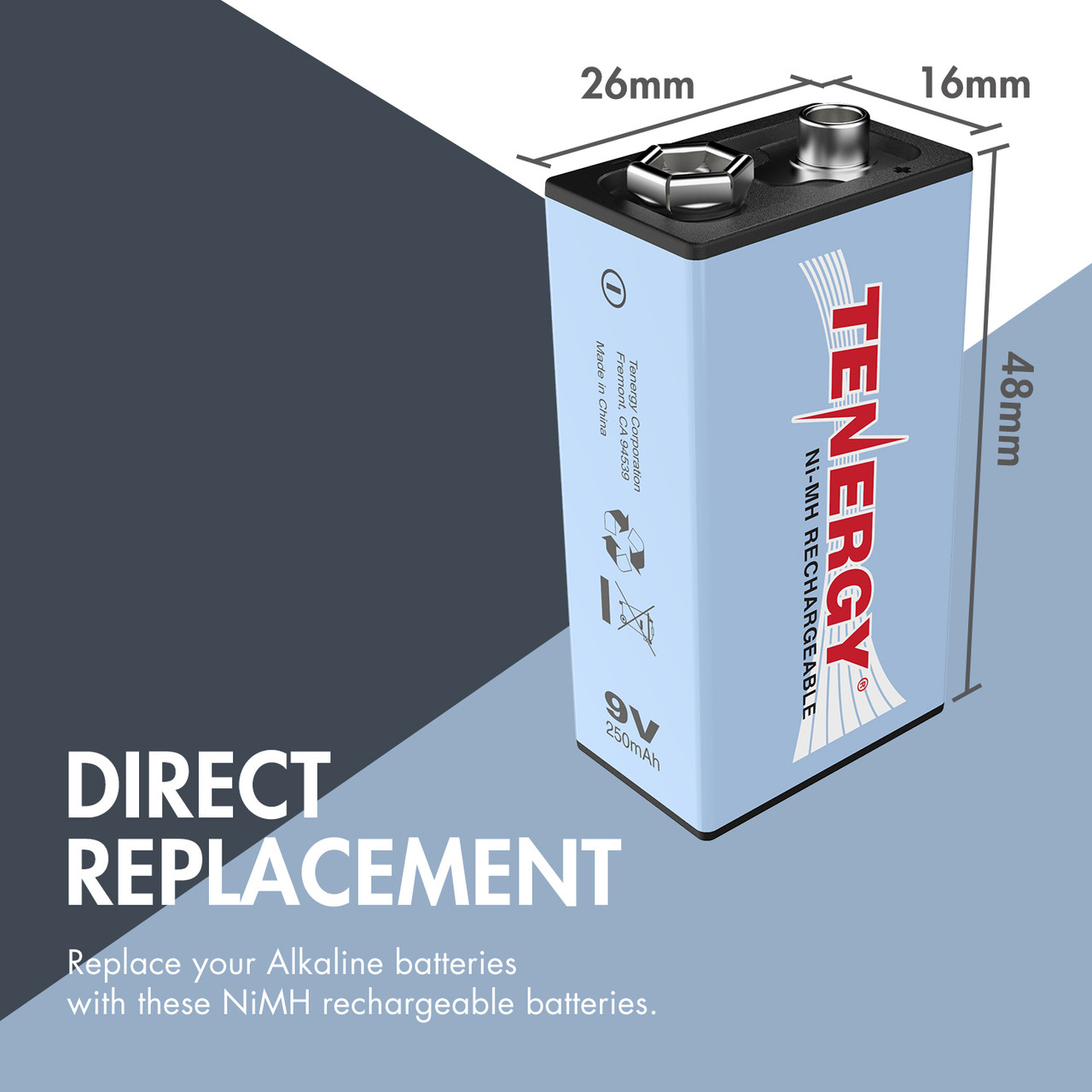 Tenergy 9V battery with 48mm height dimensions shown as a direct replacement for standard alkaline power cells.