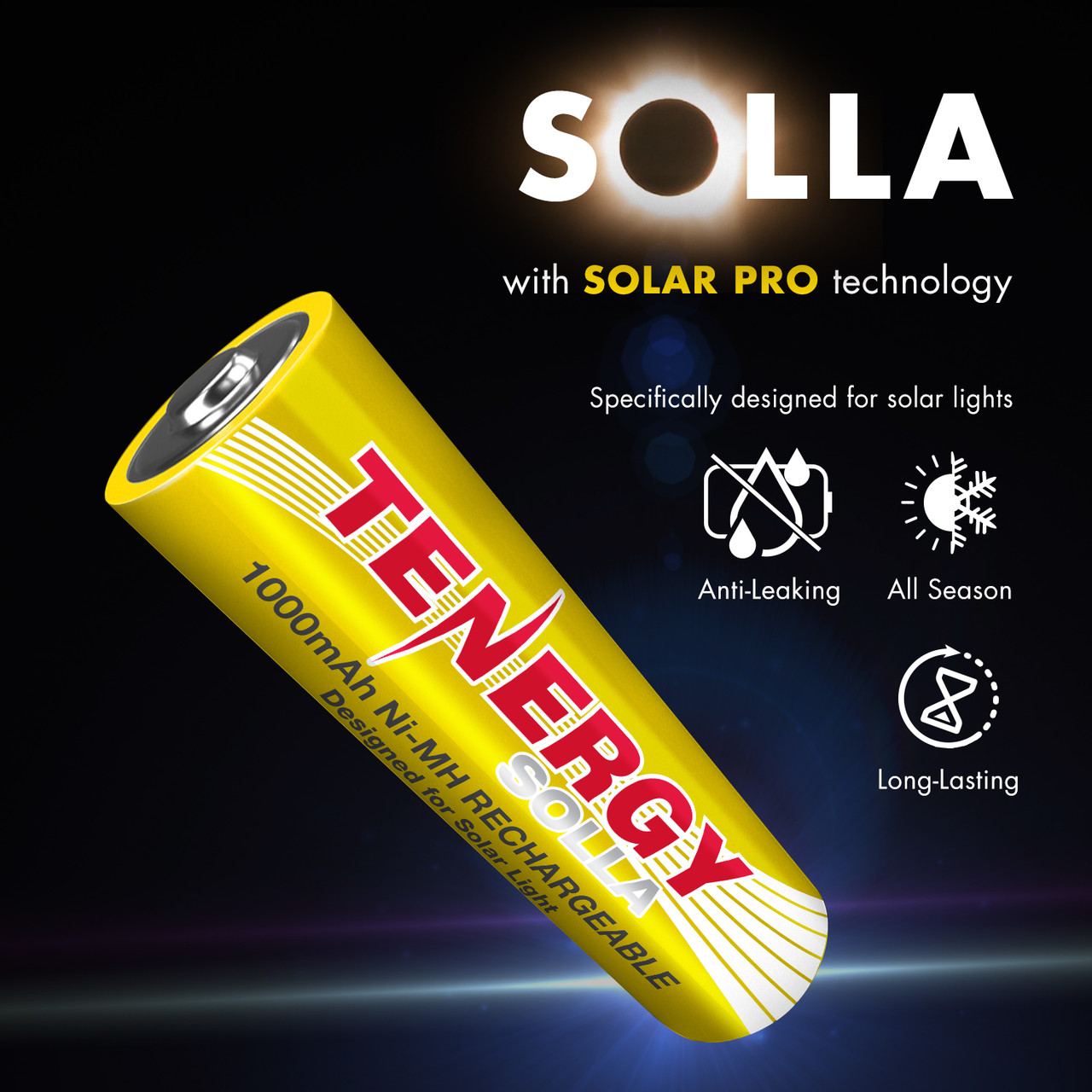 Solla rechargeable battery with Solar Pro technology designed to prevent leaking in high-performance solar pathway lighting
