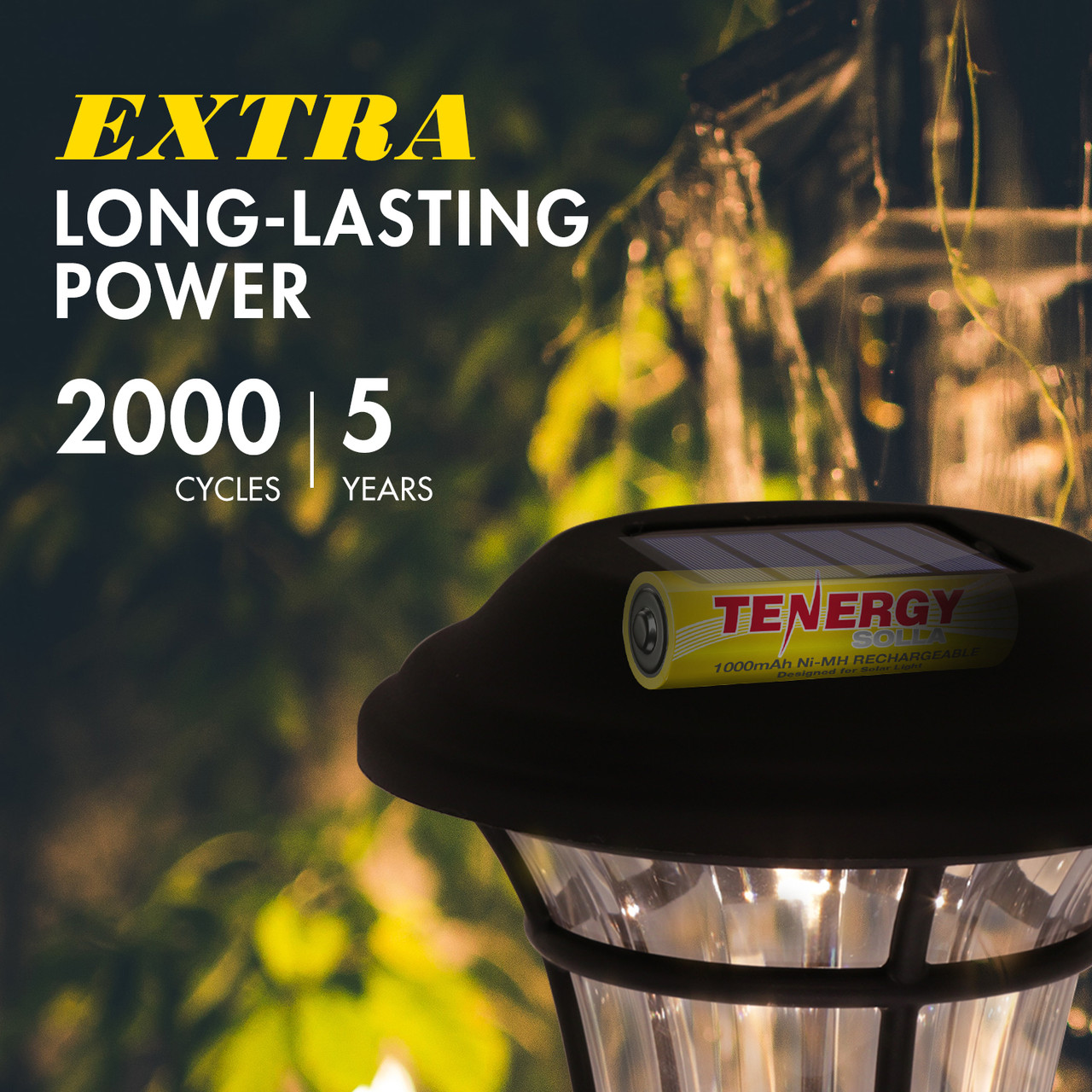 Long-lasting solar battery offering 2000 recharge cycles to provide years of sustainable energy for residential landscape lighting.